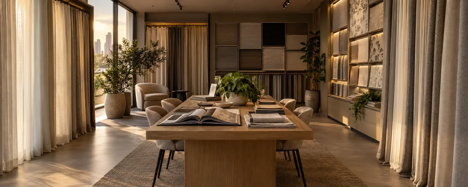 Sala de atendimento com mesa de catálogos, mostruário de persianas, papéis de parede e cortinas