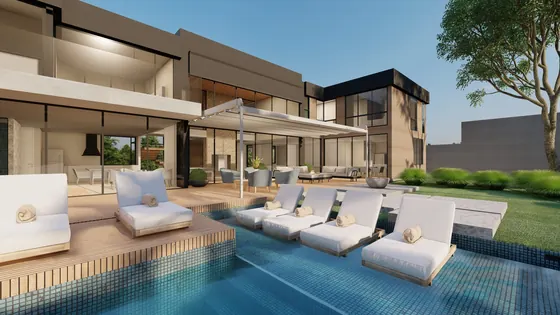 Casa com cobertura romana na piscina