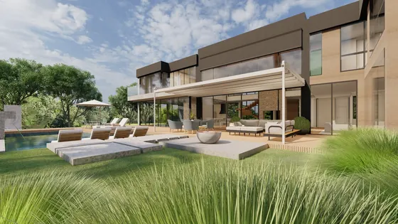 Casa com cobertura romana no jardim