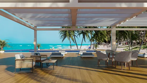 Terraço com vista para o mar e cobertura romana