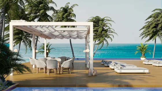 Área de praia com cobertura romana