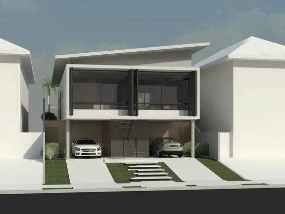 Casa com brises têxteis abertos